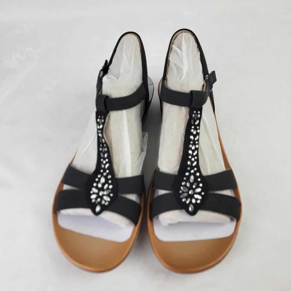Soul Naturalizer Smooth Black Rhinestone T-Strap Wedge Sandals Womens 11 M NEW - Picture 2 of 7